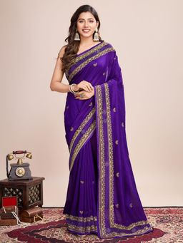 Odette - Women's Blue Embroidered Saree with Unstitched Blouse