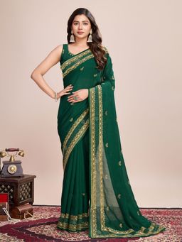 Odette - Women's Green Embroidered Saree with Unstitched Blouse