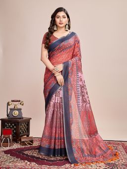Odette - Women's Red Printed Saree with Unstitched Blouse