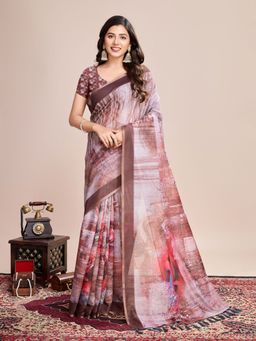 Odette - Women's Brown Printed Saree with Unstitched Blouse
