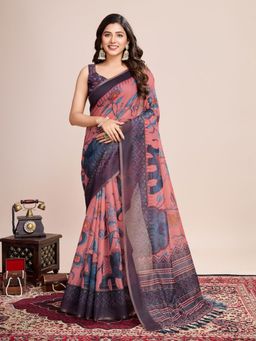 Odette - Women's Peach Printed Saree with Unstitched Blouse