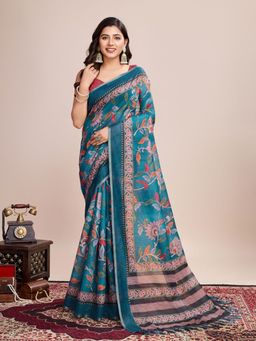 Odette - Women's Teal Printed Saree with Unstitched Blouse