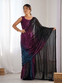 Odette - Women's Multi-Color Embellished Saree with Unstitched Blouse