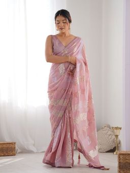 Odette - Women's Pink Embellished Saree with Unstitched Blouse