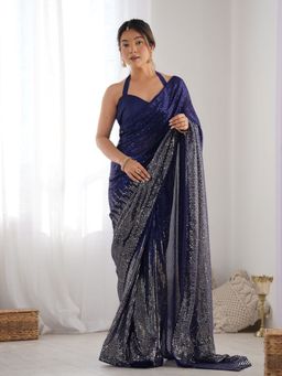 Odette - Women's Blue Embellished Saree with Unstitched Blouse