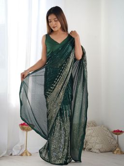 Odette - Women's Green Embellished Saree with Unstitched Blouse
