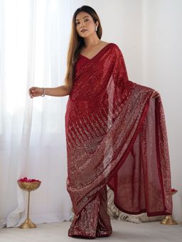 Odette - Women's Red Embellished Saree with Unstitched Blouse