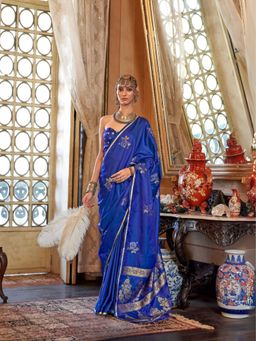 Odette - Women's Blue Woven Saree with Unstitched Blouse