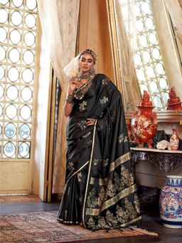 Odette - Women's Black Woven Saree with Unstitched Blouse