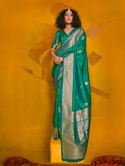 Odette - Women's Green Woven Saree with Unstitched Blouse