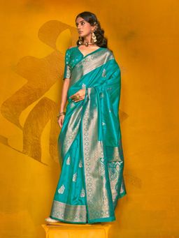 Odette - Women's Teal Woven Saree with Unstitched Blouse