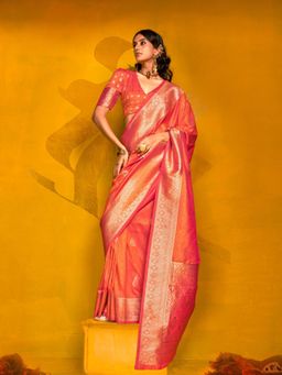 Odette - Women's Orange Woven Saree with Unstitched Blouse