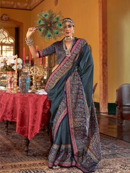 Odette - Women's Grey Printed Saree with Unstitched Blouse