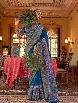 Odette - Women's Blue Printed Saree with Unstitched Blouse