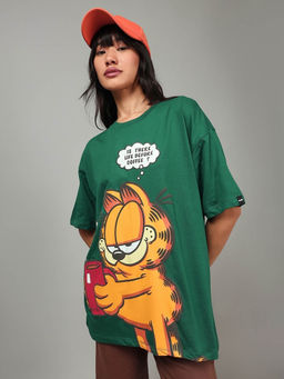 Bewakoof - Women's Green Rock Garfield Graphic Printed Oversized T-shirt