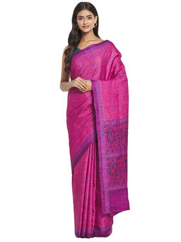 Fabindia - Magenta Hand Block Print Silk Saree