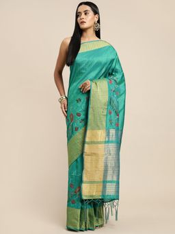 Sangam Prints - Sea Green Silk Embroidery Traditional Saree with Unstitched Blouse