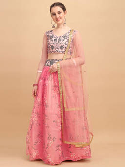 Amrutam Fab - Womens Pink Colour Organza Printed Fusion Lehenga Choli (Set of 3)
