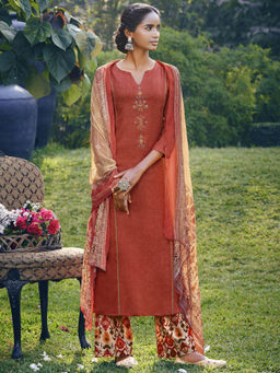 Stylee LIFESTYLE - Coral Jam Satin Embroidered Dress Material (Set of 3)