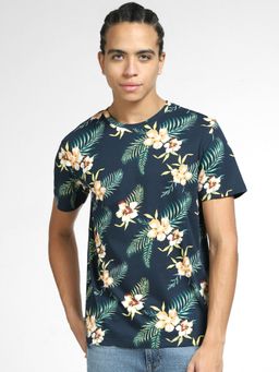 Jack & Jones - Navy Blue Tropical Print Crew Neck T-shirt
