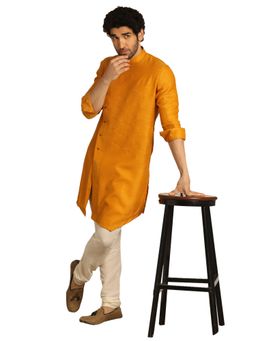 Manyavar - Mustard Silk Blend Traditional Kurta For Men