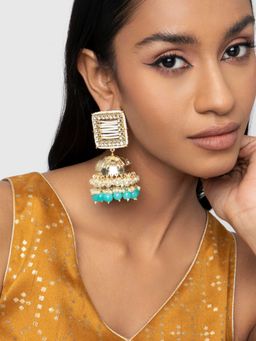 Indya - Gold Blue Square Faux Bead Drop Jhumka Earrings