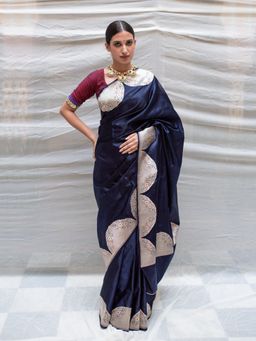 PRIYANKA RAAJIV - Bhagwati Navy Blue Mashroo Brocade Saree with Kadua Border with Unstitched Blouse