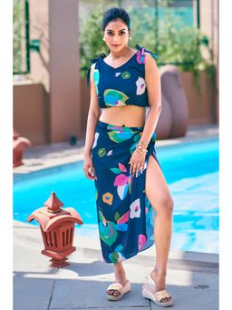 Curvy Lane - Navy Blue Beach Wrap Dress With Floral Tie-Up Sarong And Top (Set of 2)