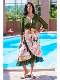 Curvy Lane - Sexy Beachwear With Green Floral Sarong And Top (Set of 2)