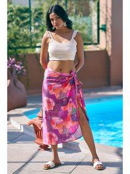 Curvy Lane - Floral Pink Sarong Wrap Skirt With An Off-White Crop Top (Set of 2)