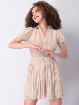 FabAlley - Peach Pleated Smocked Skater Dress