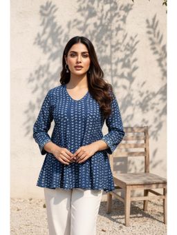 Folksong - Women Blue Abstract Printed Flared Cotton Top