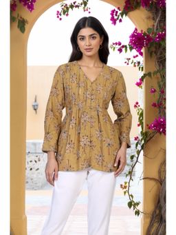 Folksong - Women Yellow Kalamkari Print Cotton Top