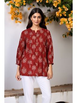 Folksong - Women Red Kalamkari Print Cotton Top