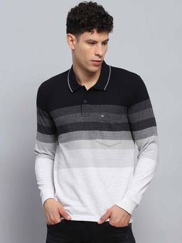 Monte Carlo - Men Striped Black Collar Neck Full Sleeve Polo T-Shirt