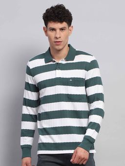 Monte Carlo - Men Striped Green & White Collar Neck Full Sleeve Polo T-Shirt