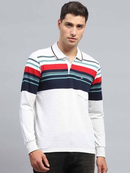 Monte Carlo - Men Striped Navy Blue & White Collar Neck Full Sleeve Polo T-Shirt
