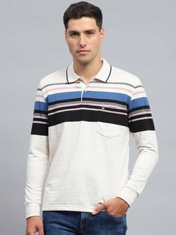 Monte Carlo - Men Striped Black & White Collar Neck Full Sleeve Polo T-Shirt
