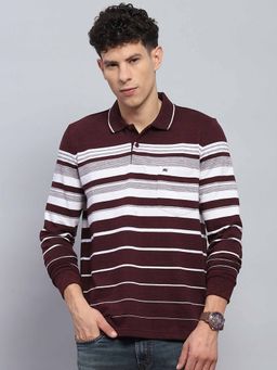 Monte Carlo - Men Striped Wine Collar Neck Full Sleeve Polo T-Shirt