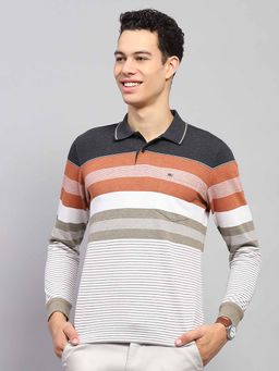 Monte Carlo - Men Striped Grey Collar Neck Full Sleeve Polo T-Shirt