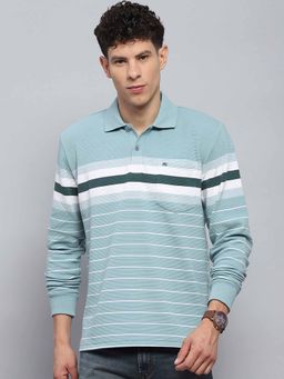 Monte Carlo - Men Striped Green Collar Neck Full Sleeve Polo T-Shirt
