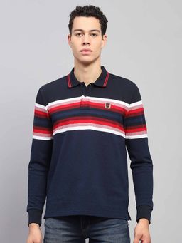 Monte Carlo - Men Striped Navy Blue Collar Neck Full Sleeve Polo T-Shirt