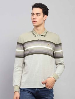 Monte Carlo - Men Striped Green Collar Neck Full Sleeve Polo T-Shirt