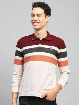 Monte Carlo - Men Colorblock Maroon & White Collar Neck Full Sleeve Polo T-Shirt