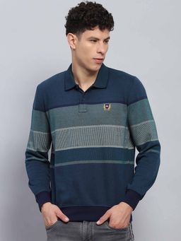 Monte Carlo - Men Colorblock Teal Collar Neck Full Sleeve Polo T-Shirt