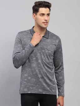 Monte Carlo - Men Printed Grey Collar Neck Full Sleeve Polo T-Shirt