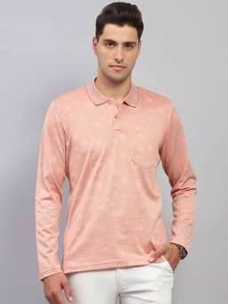 Monte Carlo - Men Printed Peach Collar Neck Full Sleeve Polo T-Shirt