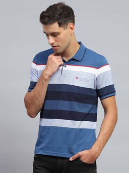 Monte Carlo - Men Striped Blue Collar Neck Half Sleeves Polo T-Shirt
