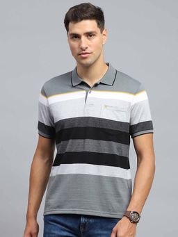Monte Carlo - Men Striped Grey Collar Neck Half Sleeves Polo T-Shirt