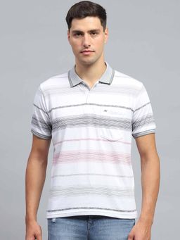Monte Carlo - Men Striped White Collar Neck Half Sleeves Polo T-Shirt